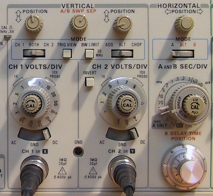 closeup of tektronix oscilloscope buttons and knobs